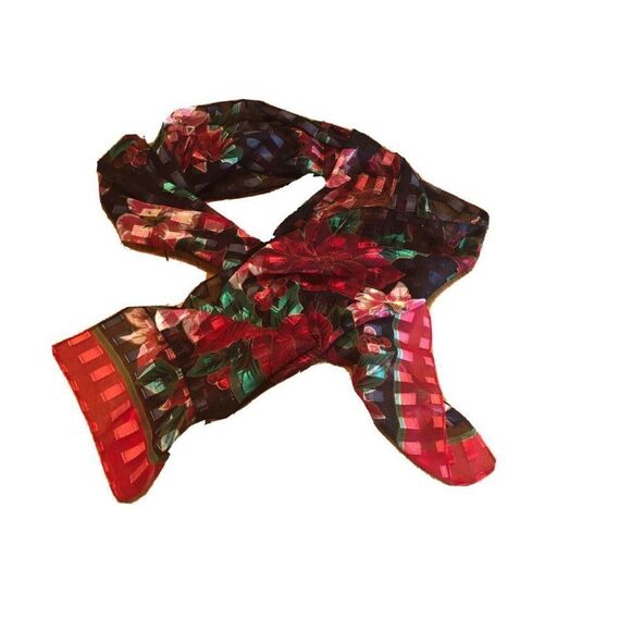 Vintage Womens Bill Blass Scarf Black Red Polyester Floral Christmas Poinsettia - Picture 2 of 3